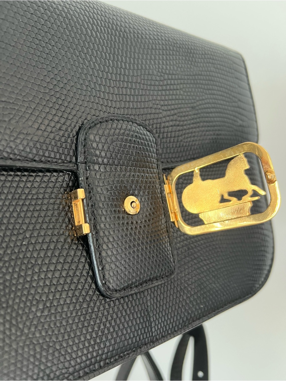 Celine Black Lizard-Embossed Leather Crossbody with Gold Carriage Plaque - Picture 8 of 11